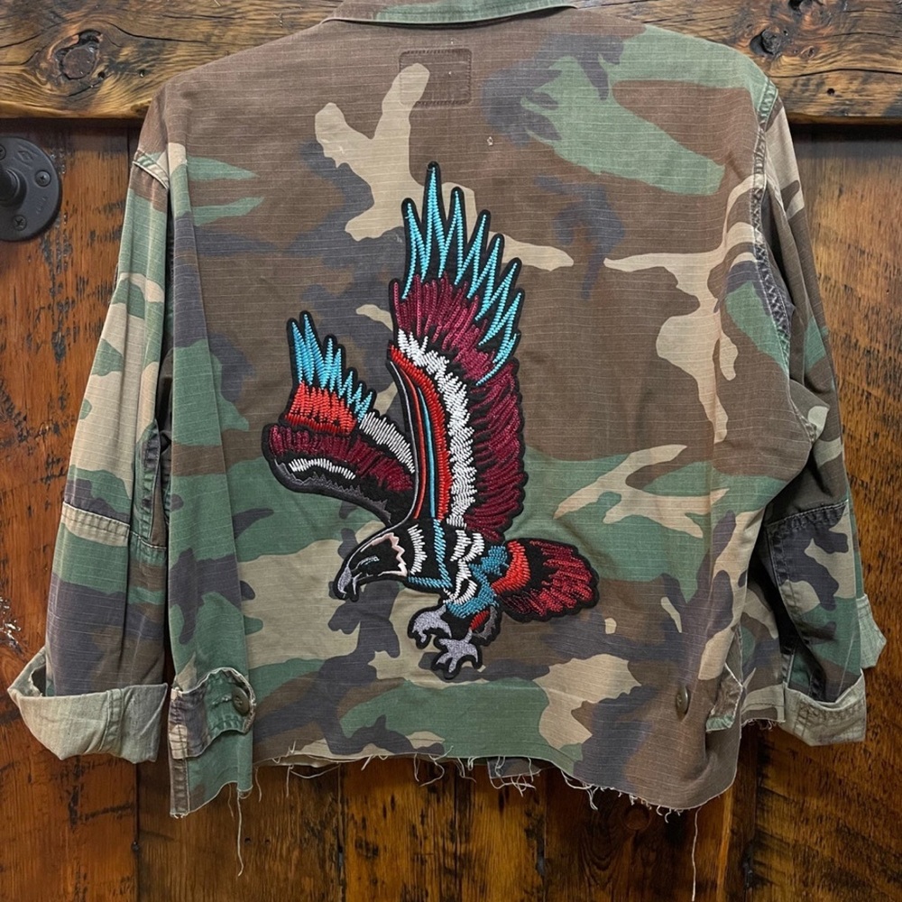 Handmade by Relove Embellished Army Military Camo Shirt Jacket